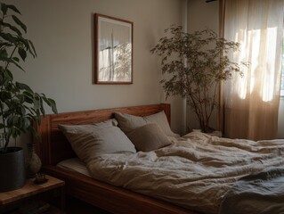 A bed with a plant on the nightstand. The bed has two pillows and a blanket
