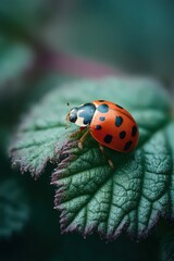 Vivid ladybug with black spots on a textured green leaf