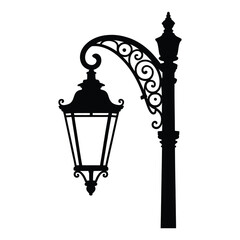 French Quarter Wrought-Iron Street Lamp Silhouette, Vector, Illustration, Outline, Line Art, Icon, Logo, White Background.