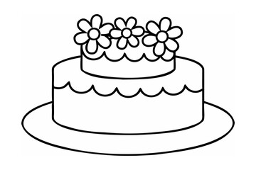 Black and white cartoon illustration of a two-tiered cake decorated with flower shapes