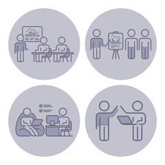 Four distinct icons of different teamwork and collaboration activities. Individuals engaging in discussions, presenting data, and working together at laptops in various settings