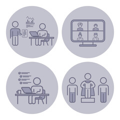 Set of icons illustrating various workplace activities, including reporting data, video conferencing, task management, and teamwork