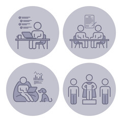 Set of icons depicting multiple work-related activities including individual at desk, group discussions, data analysis, and person with dog