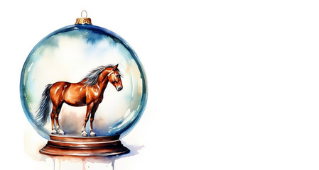 the symbol of the new year 2026. a graceful horse in a glass decorative ball. winter holiday. an illustration. artificial intelligence generator, AI, neural network image. background for the design