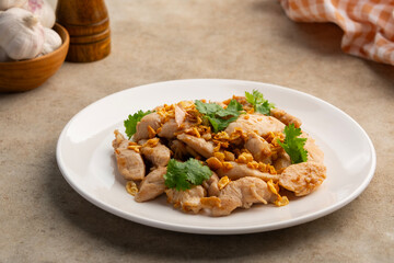 Stir fried chicken fillet with Garlic and pepper in white plate.popular Thai Street food.