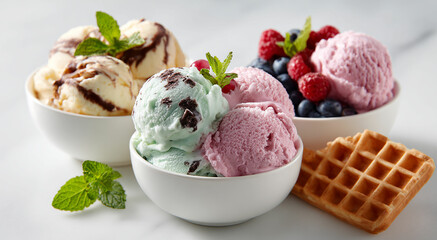 Colorful variety of ice cream scoops in three bowls