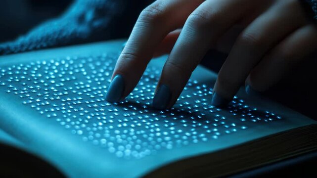 A person with a disability using a digital braille device to read, featuring a hand and fingers pressing the tactile keys for an accessible text experience.