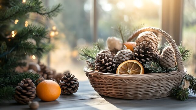 Christmas pine cones basket decoration holiday season winter festive still life home decor seasonal design