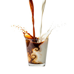 Close up of milk and coffee poured into a glass isolated on a transparent background