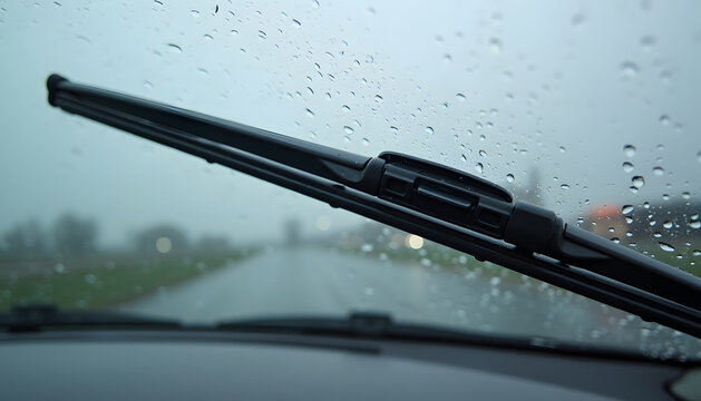 A car windshield with raindrops during a stormy day, the wipers are clearing the water.