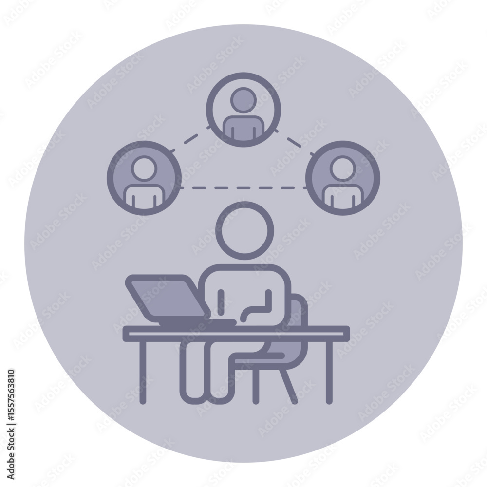 Poster person sitting at desk using laptop to connect with others online. three icons representing individu