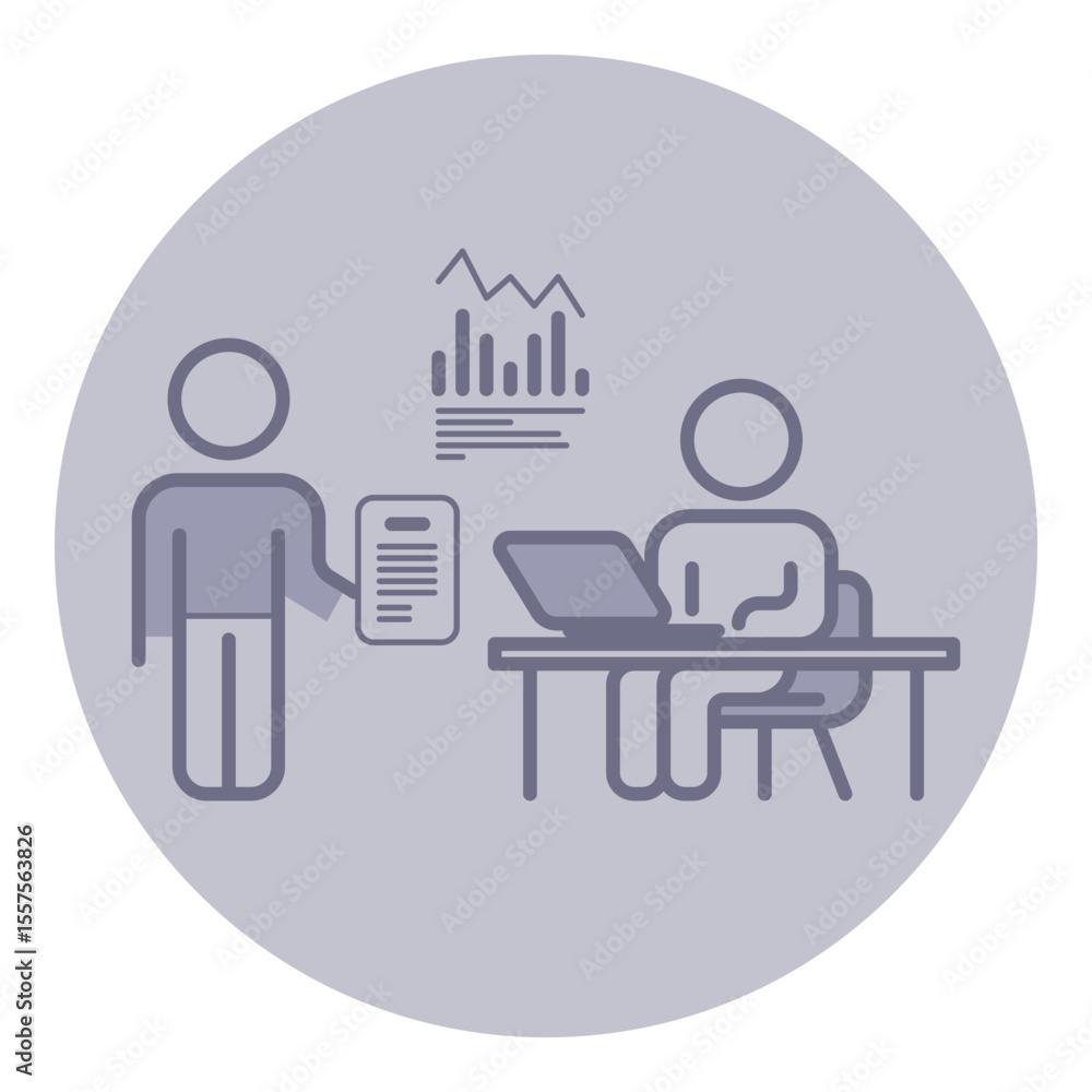 Poster one person handing over document to another person seated at desk with laptop. graphs indicating pro