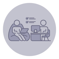 Two figures engaged in work environment focused on collaboration and task management. One figure seated on beanbag using laptop, while other working at desk with monitor