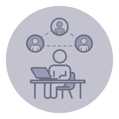 Person sitting at desk using laptop to connect with others online. Three icons representing individuals linked through digital network. Modern approach to communication concept