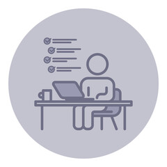 Individual seated at modern desk, engaged in work on laptop. Checklists in background, suggesting organization and productivity. Mug sitting nearby