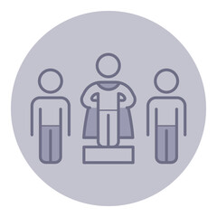 Two figures standing beside figure on pedestal wearing cape, symbolizing recognition and teamwork. Concept of importance of collaboration and inspiration in achieving goals