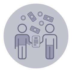 Two figures engaged in transaction, shaking hands while surrounded by various currency symbols and documents. Concept of business exchange and partnership