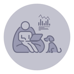 Person sitting comfortably in bean bag chair using laptop, while dog sitting attentively next to him. Charts and graphs in background indicating work environment