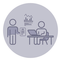 One person handing over document to another person seated at desk with laptop. Graphs indicating professional work environment focused on data analysis