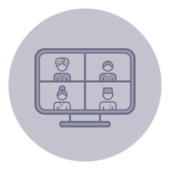 Four individuals on digital monitor engaged in virtual meeting. Each person focused and dressed in traditional attire, highlighting collaborative work environment