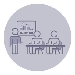 Presenter standing before two seated audience members, discussing information displayed on chart. Educational session or workshop focused on data concept