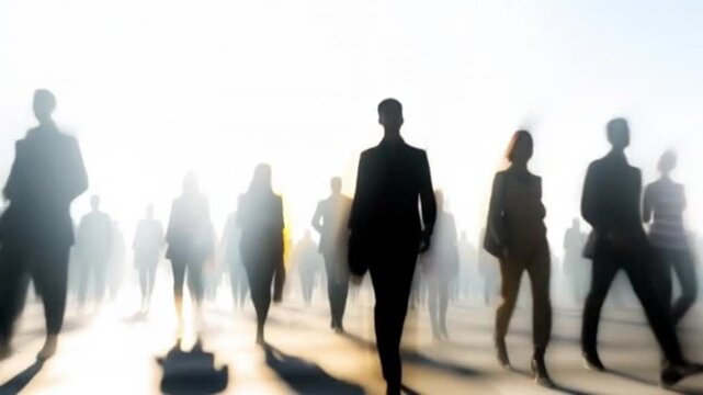 Silhouetted abstract blurred back lit figures in motion against a bright backdrop, creating a dynamic scene.