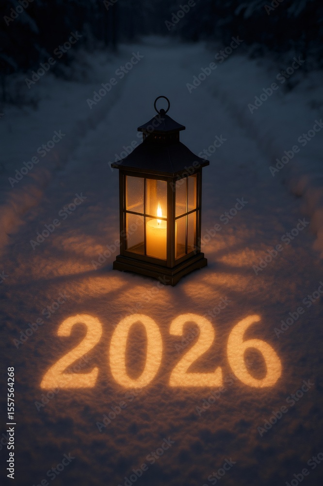 Poster luminous lantern is projecting the number 2026 onto a snow covered path leading into a dark forest a