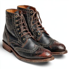 Weathered leather brogue boots, detailed stitching and lacing