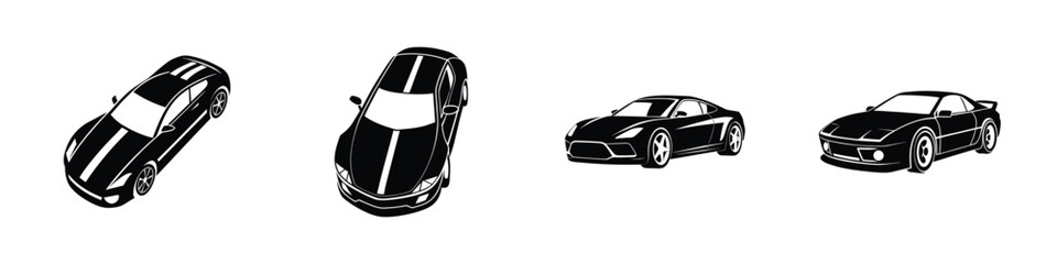 Minimal bird�s?eye perspective of a low profile sports car cruising along track Flat Silhouette on White Background