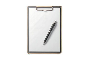Blank white paper on a gold and black clipboard with a black pen writing