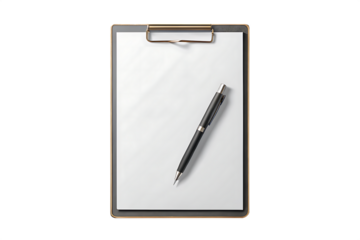Blank white paper on a gold and black clipboard with a black pen writing