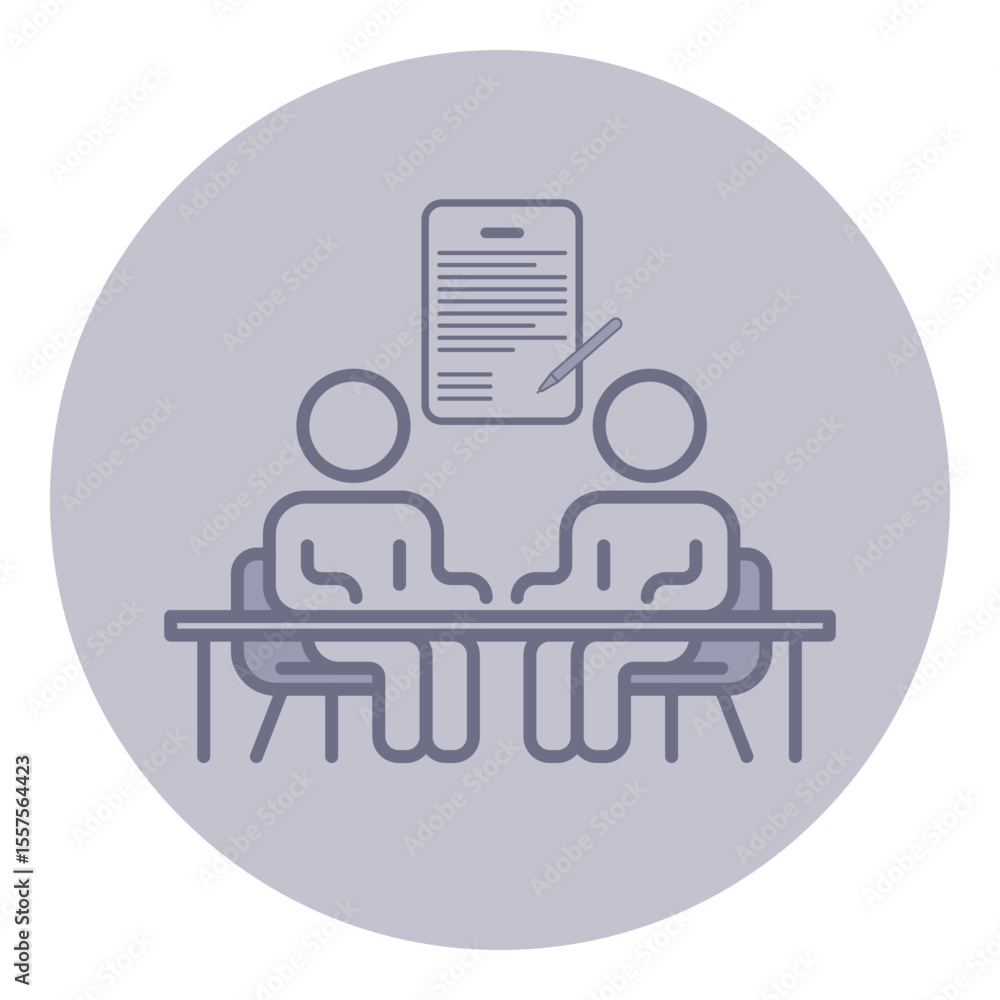 Poster two simplified figures seated at table, engaging in discussion. document with writing above suggesti