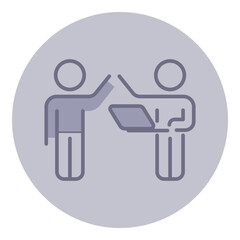 Two stick figures engaged in collaborative action, one person handing over laptop to other. Teamwork or knowledge sharing in workspace concept