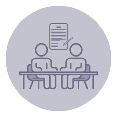 Two simplified figures seated at table, engaging in discussion. Document with writing above suggesting focused collaboration or meeting setting