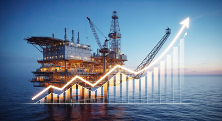 Offshore oil rig platform in sea at dusk. Overlay rising stock market graph. Concept of fuel energy business, global oil prices, supply and demand, economic growth, and international trade impact.