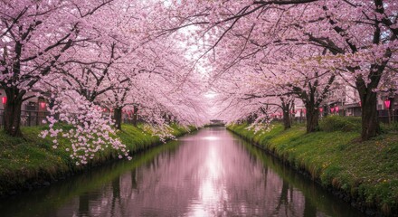A serene river flows beneath a canopy of blossoming cherry trees, reflecting the pink blooms.
