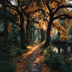 Winding path through a sunlit autumn forest, by a still lake