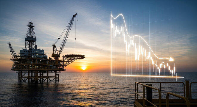 Oil rig platform in sea under evening sky. Decreasing stock trade graph. Concept of oil and natural gas price trends, global energy demand and supply, fuel market fluctuations and investment business. - Powered by Adobe