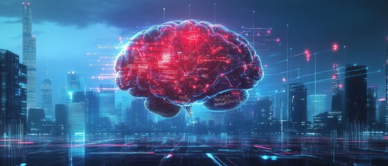 Digital brain over a futuristic city