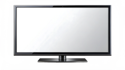 Black flat screen television with blank white display and stand on white background with colorful digital glitch effect