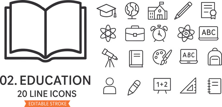 Collection of twenty simple line icons representing various aspects of education and learning including books graduation cap globe school building pencil certificate atom briefcase alarm clock telesco