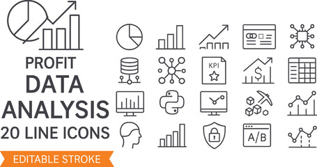 Collection of twenty modern line icons representing profit data analysis concepts including charts graphs financial metrics and technology elements