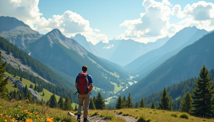 A hiker contemplating the panoramic vista of majestic mountains during a sunny adventure