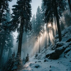 Wintery forest scene with sunlight piercing through trees