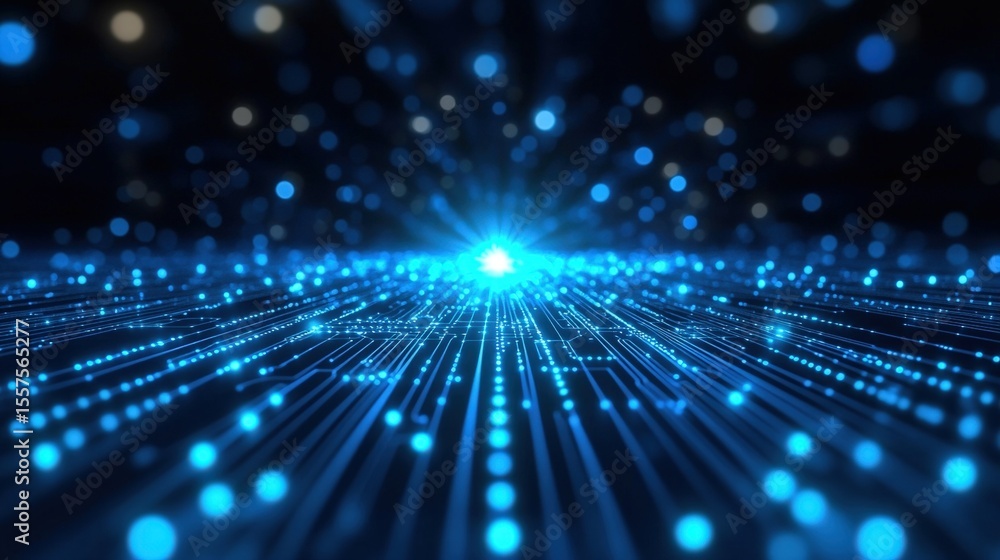 Poster a futuristic digital grid illuminated by blue glowing nodes and lines, symbolizing data flow and adv