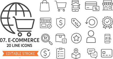 A comprehensive collection of 20 editable stroke line icons representing various aspects of e commerce and online shopping for digital use