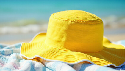A bright yellow sun hat resting on a towel at the beach during a bright sunny day