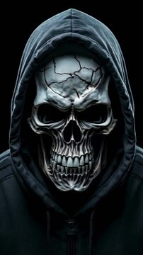 scary human skull wearing a hoodie and angry on a black background.