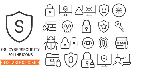 Collection of cybersecurity line icons representing digital protection data security network safety and threat prevention with editable stroke for customization