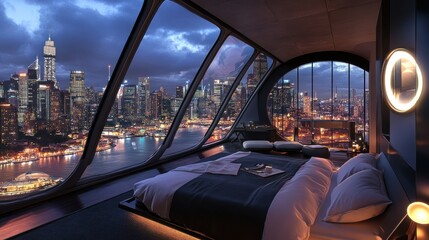 Panoramic city view from a modern bedroom at night